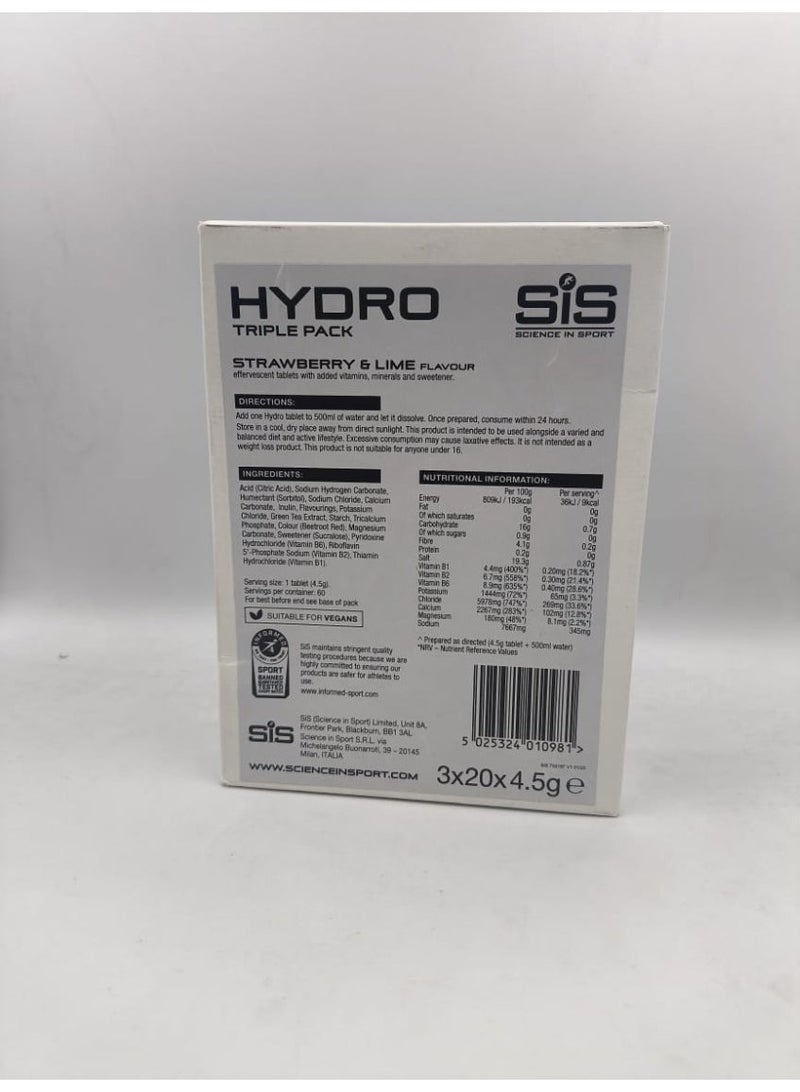 SIS Hydro Electrolyte Tablets | Sugar Free Hydration Tablets | Essential Electrolytes to Reduce Fatigue & Aid Rehydration | Gluten Free | Strawberry & Lime Flavour | 60 Servings | 3 X 20 X 4.5 g - Image 1