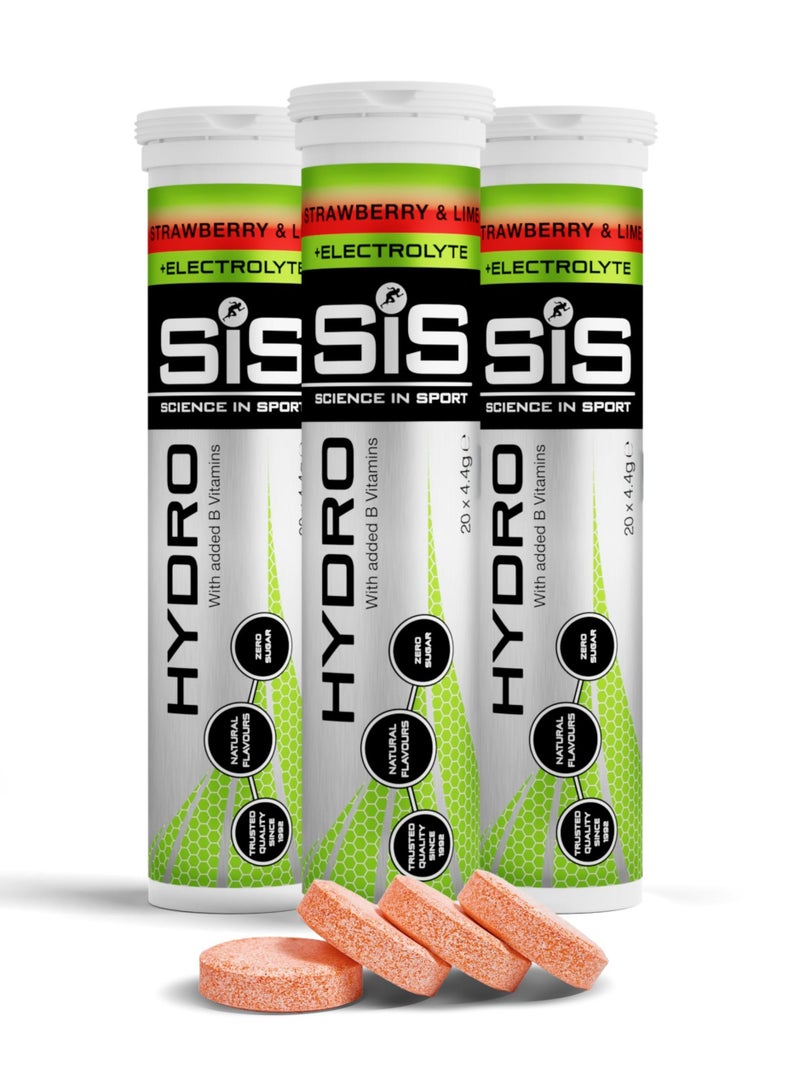 SIS Hydro Electrolyte Tablets | Sugar Free Hydration Tablets | Essential Electrolytes to Reduce Fatigue & Aid Rehydration | Gluten Free | Strawberry & Lime Flavour | 60 Servings | 3 X 20 X 4.5 g - Image 1