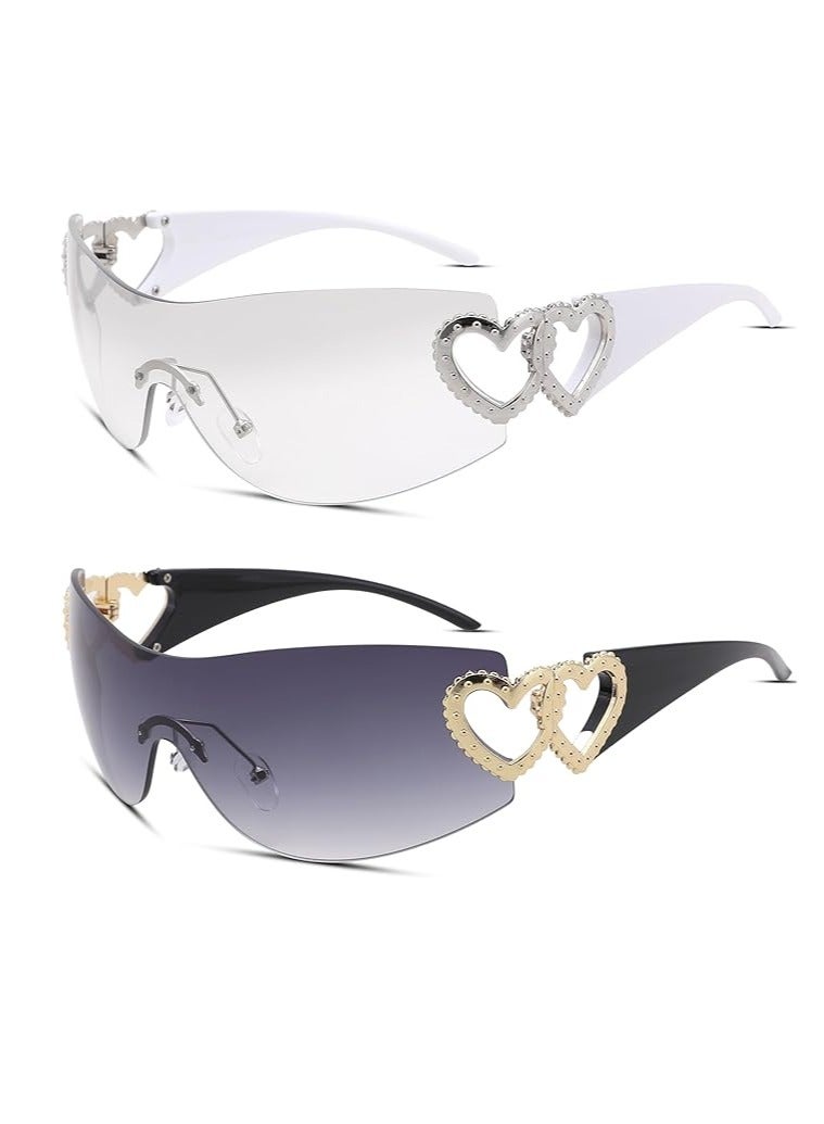 Excefore Y2K Heart Sunglasses for Women Men, Trendy Wrap Around Sunglasses Rimless Oversized Shield Sun Glasses - Image 1