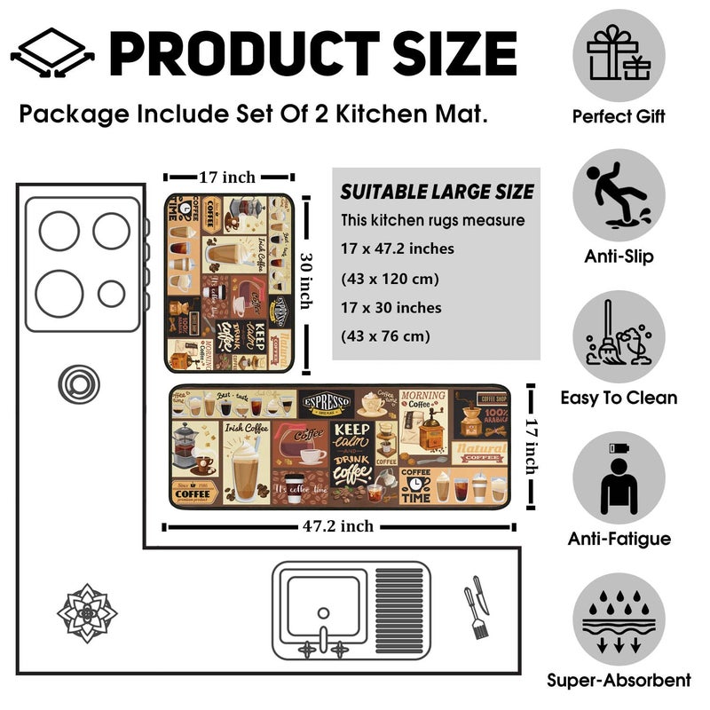 OUXIOAZ Coffee Theme Kitchen Rugs and Mats(2 PCS),Non Skid Washable Black Kitchen Mat Soft Super Absorbent Kitchen Mat Runner Set Doormat Bathroom 17"x47"+17"x30" - Image 5