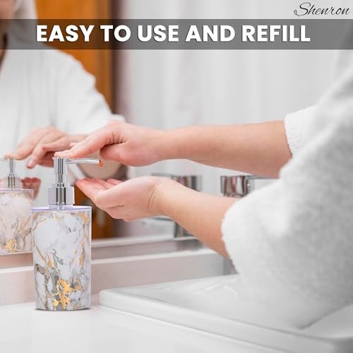 SHENRON موزع صابون سائل قابل لإعادة التعبئة شينرون، موزع بلاستيكي غير قابل للكسر لمعقم اليدين، لوشن، شامبو زجاجة غسيل اليدين للمطبخ، الحمام، الدش، حوض الغسيل، 250 مل (رخام أبيض، عبوة من 2) - Image 4