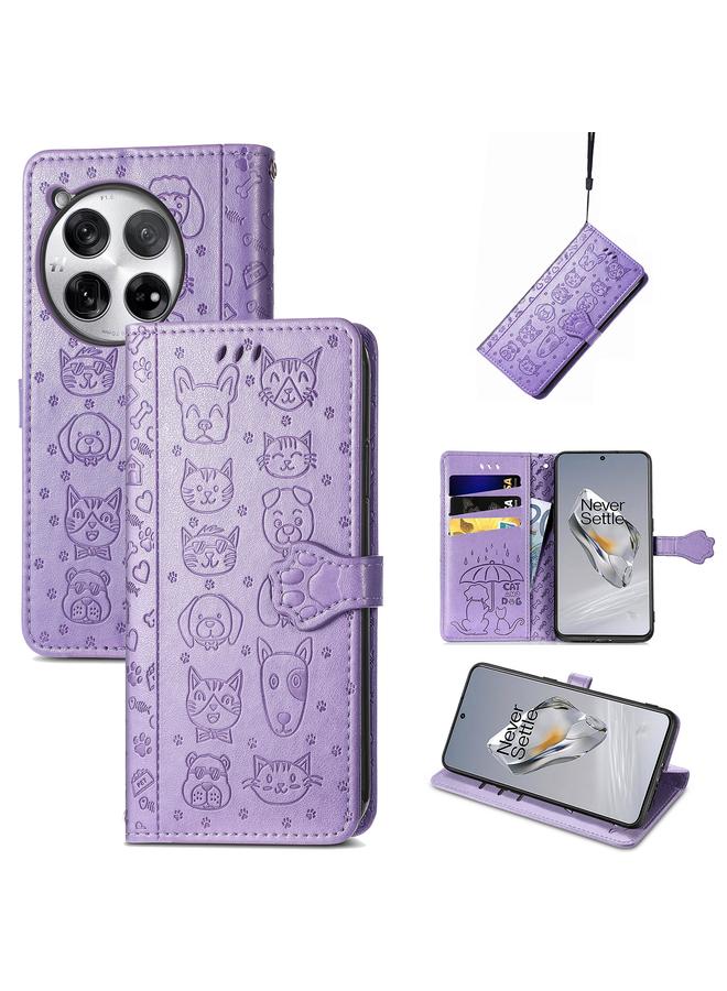 اس-توب جراب لهاتف OnePlus 12 مصنوع من الجلد المنقوش بنقشة قطة وكلب - Image 1