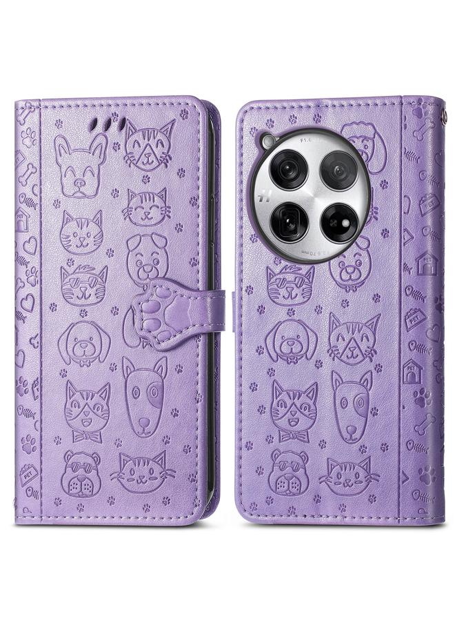 اس-توب جراب لهاتف OnePlus 12 مصنوع من الجلد المنقوش بنقشة قطة وكلب - Image 2