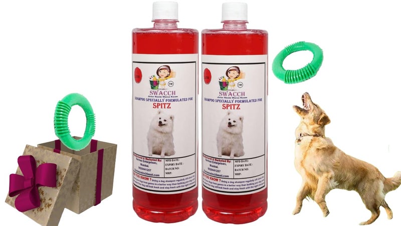 swacch Shampoo | Puppy Safe Shampoo | PH Balanced | Spitz Dog Shampoo 1 Litre Pack of 2 Strawberry + | O PVC Ring Rubber Chew Toy | Teething Chew Toy I Dental Teething I Durable I Combo Pack - Image 1