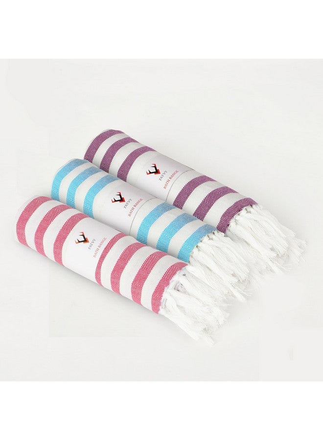 PATVY Bath Towels| Light Weight Turkish Style Stripe Bath Towels for Men Large Size Cotton|70 x 150cm Quick Absorption &Faster Drying Bath Towel for Women (Teal Blue, Pink, Grape, Pack of 3) - Image 1