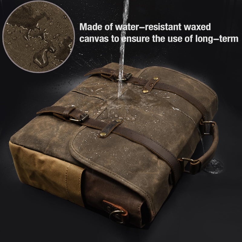 NEWHEY Mens Messenger Bag 15.6 Inch Waterproof Vintage Genuine Leather Waxed Canvas Briefcase Large Leather Computer Laptop Bag Rugged Satchel Shoulder Bag, Coffee - Image 2
