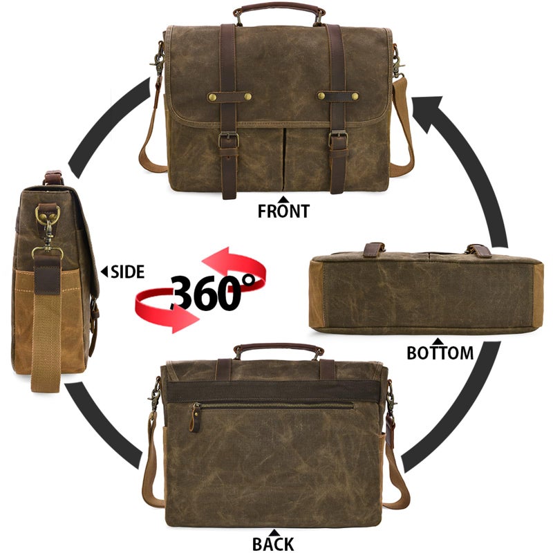 NEWHEY Mens Messenger Bag 15.6 Inch Waterproof Vintage Genuine Leather Waxed Canvas Briefcase Large Leather Computer Laptop Bag Rugged Satchel Shoulder Bag, Coffee - Image 5