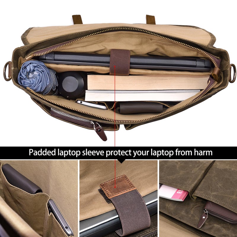 NEWHEY Mens Messenger Bag 15.6 Inch Waterproof Vintage Genuine Leather Waxed Canvas Briefcase Large Leather Computer Laptop Bag Rugged Satchel Shoulder Bag, Coffee - Image 4