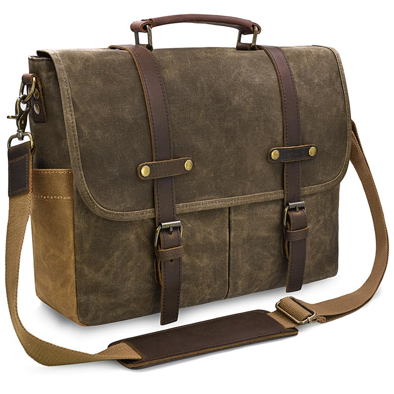 NEWHEY Mens Messenger Bag 15.6 Inch Waterproof Vintage Genuine Leather Waxed Canvas Briefcase Large Leather Computer Laptop Bag Rugged Satchel Shoulder Bag, Coffee - Image 1