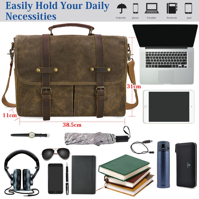 NEWHEY Mens Messenger Bag 15.6 Inch Waterproof Vintage Genuine Leather Waxed Canvas Briefcase Large Leather Computer Laptop Bag Rugged Satchel Shoulder Bag, Coffee - Image 3
