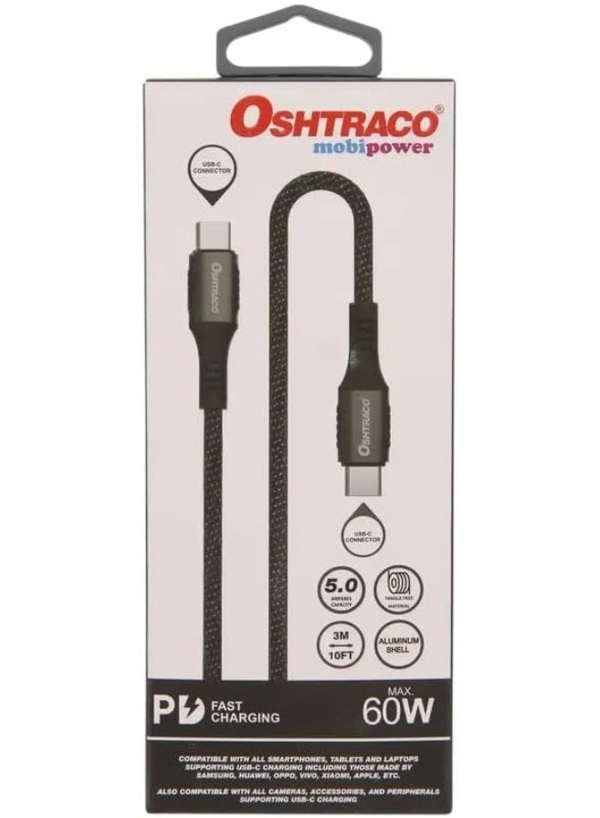 OSHTRACO Type C to Type C Power Delivery Fast Charging Cable, 3 Meter Legth, Multicolor - Image 1