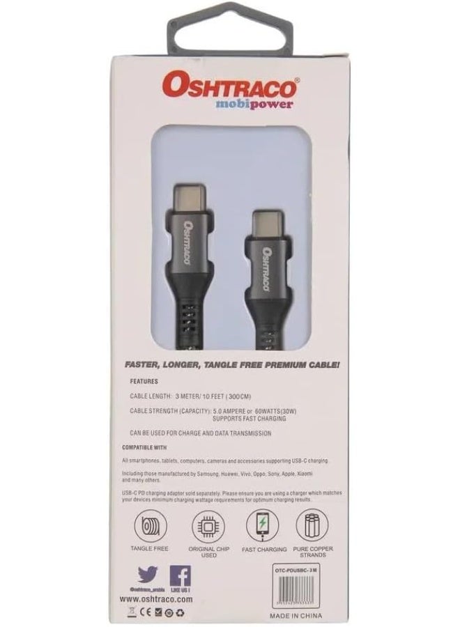 OSHTRACO Type C to Type C Power Delivery Fast Charging Cable, 3 Meter Legth, Multicolor - Image 3