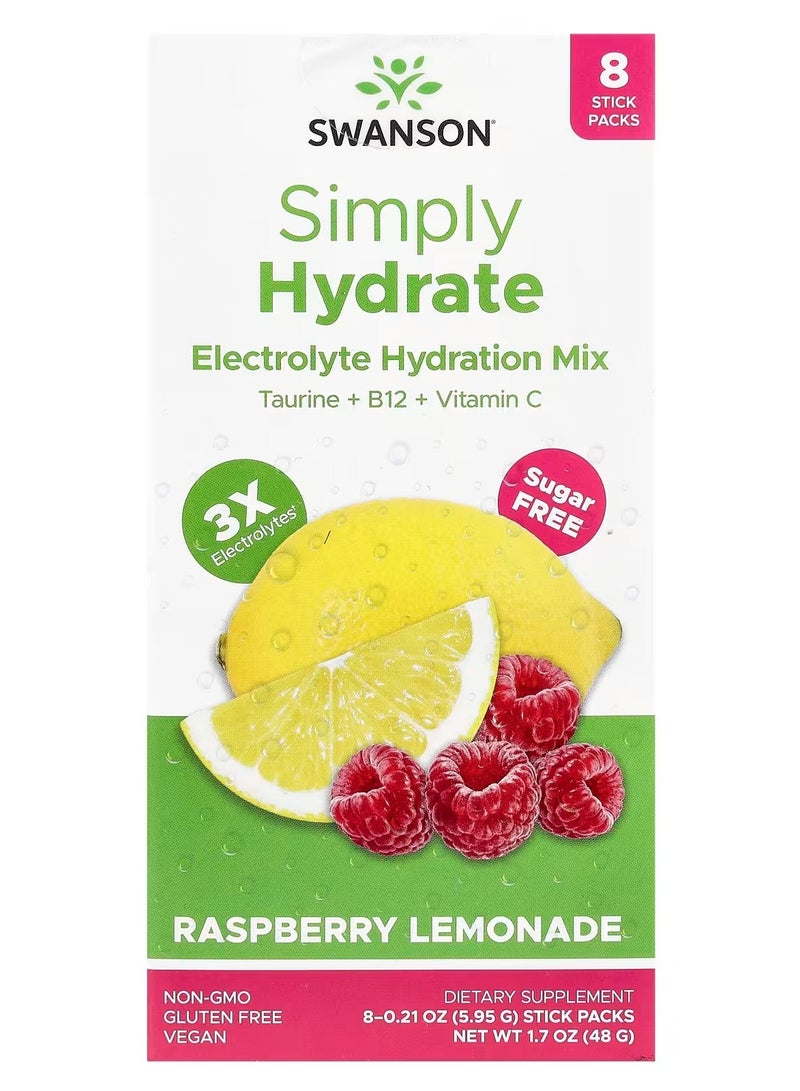 Swanson, Simply Hydrate, Electrolyte Hydration Mix, Raspberry Lemonade, 8 Stick Packs 0.21 oz (5.95 g) Each