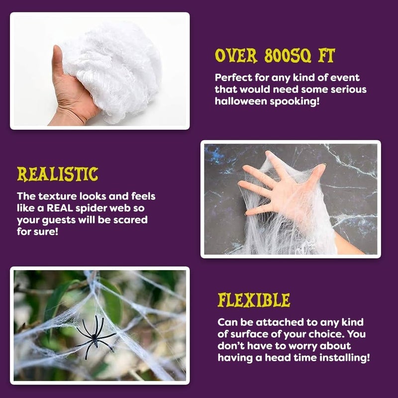 KANGAROO 800 sq. Ft Fake Spider Webs Decorations - Spiderweb Webbing Halloween Cobwebs Decor - Scary Halloween Decor Indoor Outdoor Party Wall, Graveyard Decoration Props - 4 Fake Spiders Included - Image 4