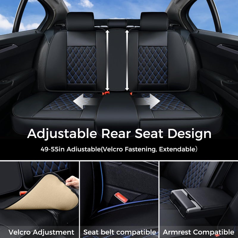 Huidasource Car Back Seat Cover, Leather Anti Slip Automotive Rear Seat Cover Protector, Back Seat Car Cover Velcro Adjustable Universal Fit for Most Cars Sedan SUV Pickup Truck (Back Row/Black&Blue) - Image 2