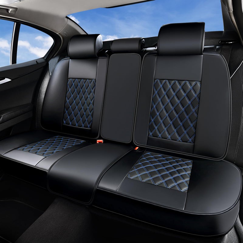 Huidasource Car Back Seat Cover, Leather Anti Slip Automotive Rear Seat Cover Protector, Back Seat Car Cover Velcro Adjustable Universal Fit for Most Cars Sedan SUV Pickup Truck (Back Row/Black&Blue) - Image 1