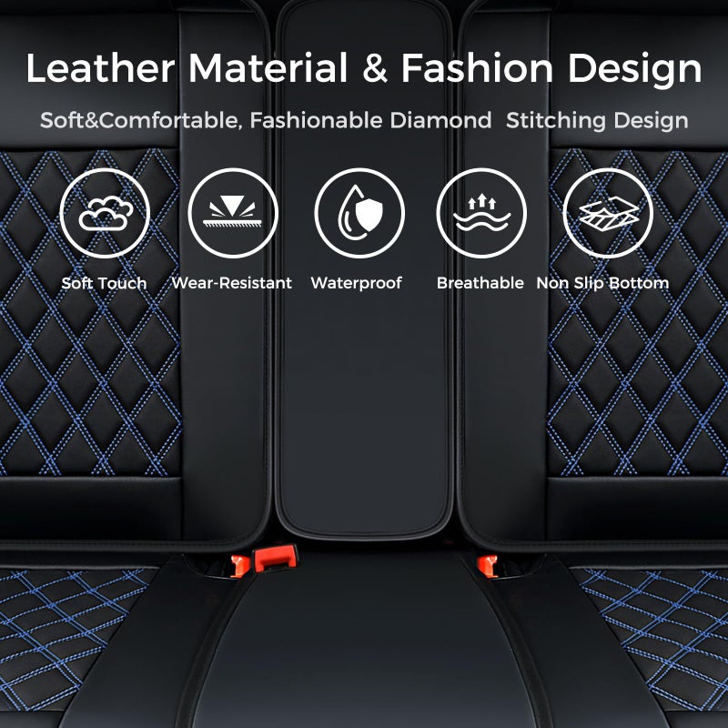 Huidasource Car Back Seat Cover, Leather Anti Slip Automotive Rear Seat Cover Protector, Back Seat Car Cover Velcro Adjustable Universal Fit for Most Cars Sedan SUV Pickup Truck (Back Row/Black&Blue) - Image 4