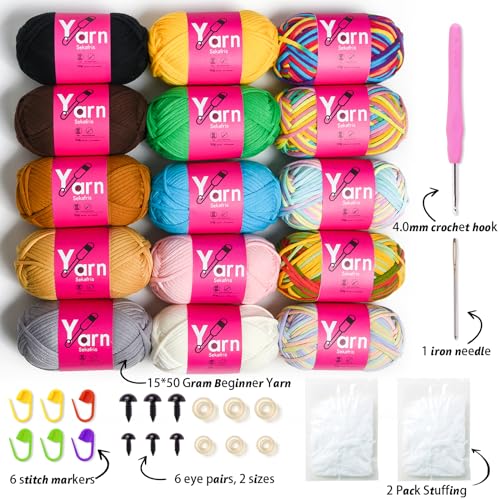 Sekafris 15 Pack Crochet Yarn Beginner Black White Orange Red Green Rainbow Pink Yellow Cotton Chunky Yarn with EasytoSee Stitches for Crocheting 15 50g - Image 3