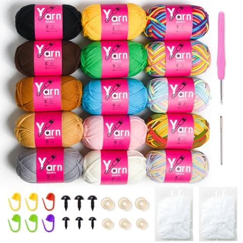 Sekafris 15 Pack Crochet Yarn Beginner Black White Orange Red Green Rainbow Pink Yellow Cotton Chunky Yarn with EasytoSee Stitches for Crocheting 15 50g - Image 1