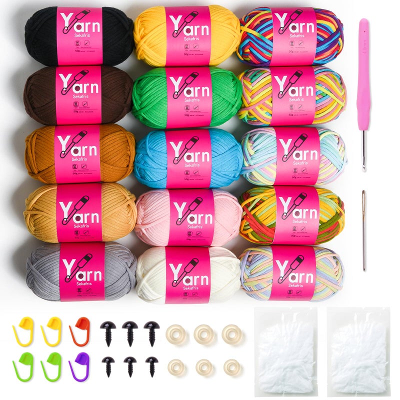 Sekafris 15 Pack Crochet Yarn Beginner Black White Orange Red Green Rainbow Pink Yellow Cotton Chunky Yarn with EasytoSee Stitches for Crocheting 15 50g - Image 2