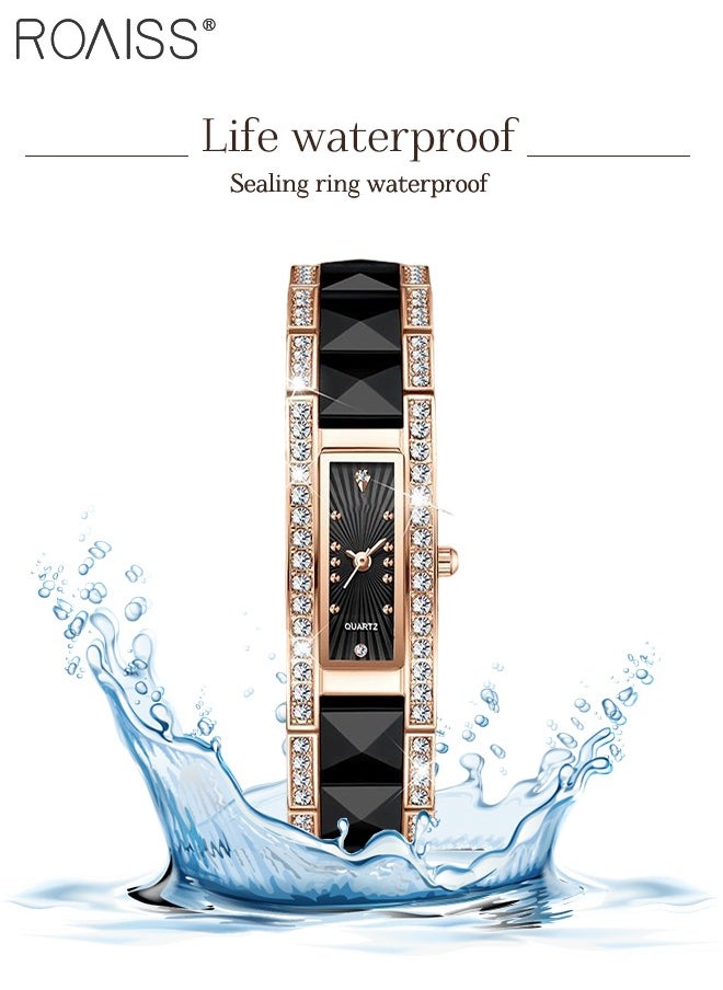roaiss - Women's Ceramic Strap Quartz Watch Analog Display Rectangle Black Dial Decorated with Rhinestones Waterproof Luxurious Wristwatch as Gift for Ladies - Image 1