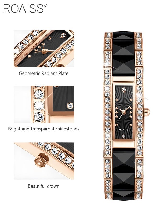 roaiss - Women's Ceramic Strap Quartz Watch Analog Display Rectangle Black Dial Decorated with Rhinestones Waterproof Luxurious Wristwatch as Gift for Ladies - Image 1