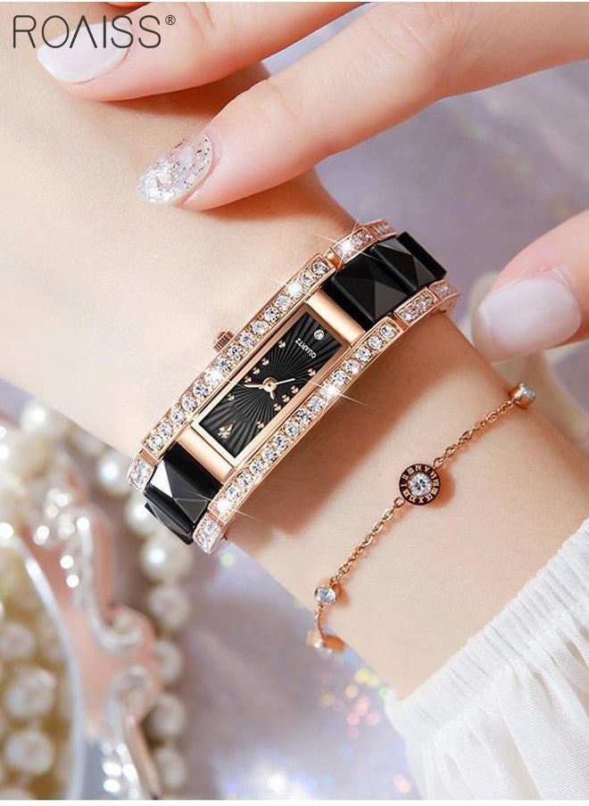 roaiss - Women's Ceramic Strap Quartz Watch Analog Display Rectangle Black Dial Decorated with Rhinestones Waterproof Luxurious Wristwatch as Gift for Ladies - Image 1