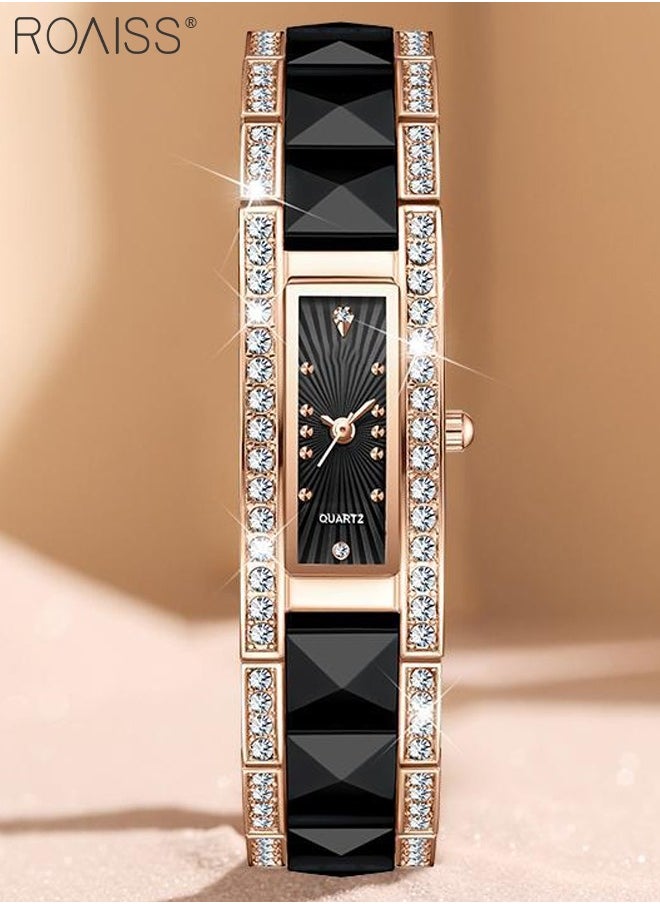 roaiss - Women's Ceramic Strap Quartz Watch Analog Display Rectangle Black Dial Decorated with Rhinestones Waterproof Luxurious Wristwatch as Gift for Ladies - Image 1
