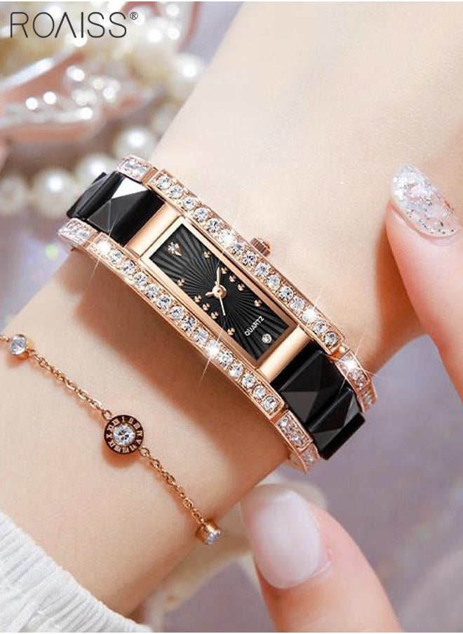 roaiss - Women's Ceramic Strap Quartz Watch Analog Display Rectangle Black Dial Decorated with Rhinestones Waterproof Luxurious Wristwatch as Gift for Ladies - Image 1