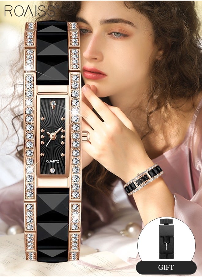 roaiss - Women's Ceramic Strap Quartz Watch Analog Display Rectangle Black Dial Decorated with Rhinestones Waterproof Luxurious Wristwatch as Gift for Ladies - Image 1