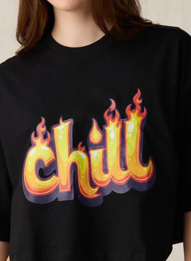 OUTZIDR Black Graphic Boxy Crop T-Shirt