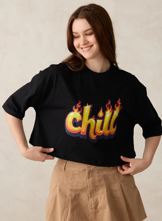 OUTZIDR Black Graphic Boxy Crop T-Shirt