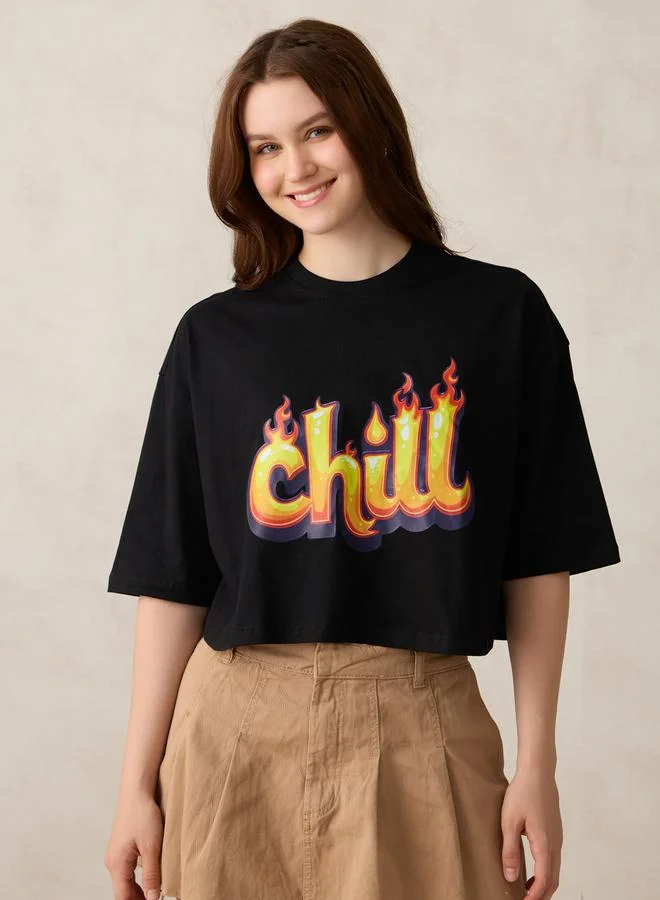 Outzidr  Black Graphic Boxy Crop T-Shirt for Women | Best Price UAE