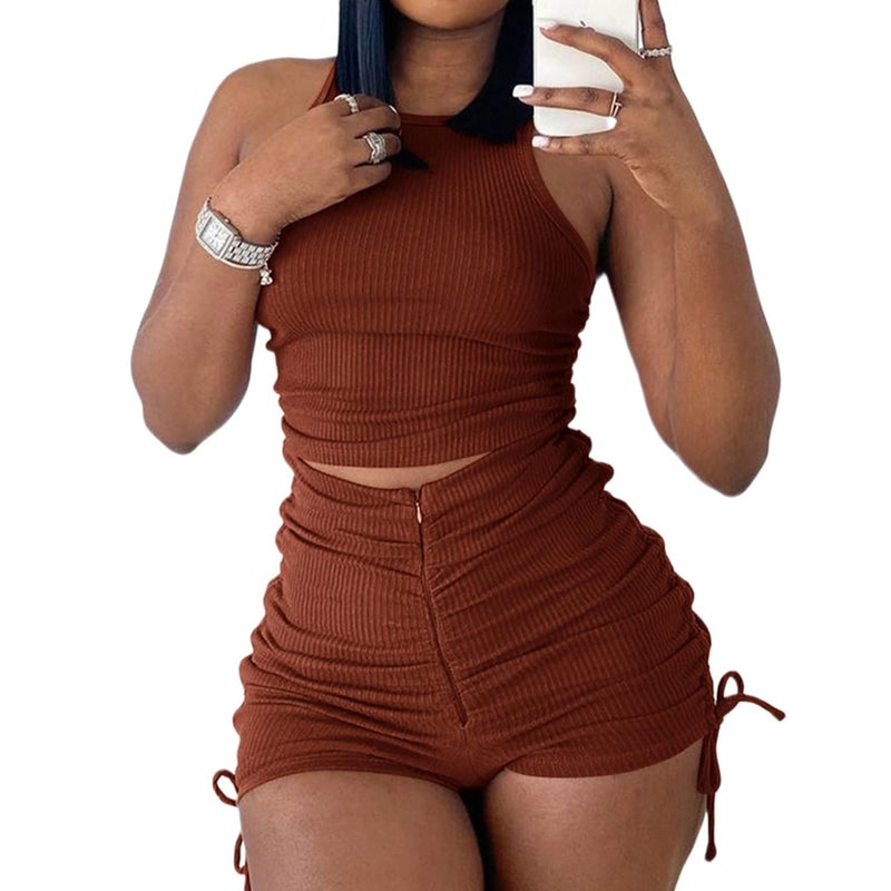 PYAEAS Summer Two Piece Outfits for Women, Casual Stretchy Ribbed Tank Crop Top Drawstring Ruched Shorts Set Workout Tracksuits (Brown,M) - Image 1