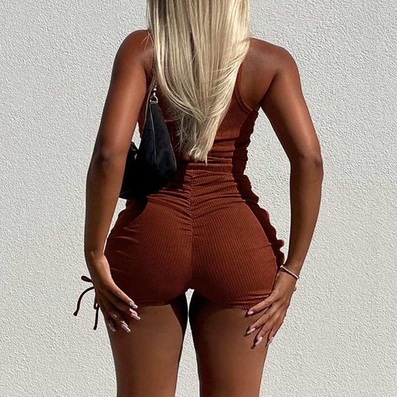 PYAEAS Summer Two Piece Outfits for Women, Casual Stretchy Ribbed Tank Crop Top Drawstring Ruched Shorts Set Workout Tracksuits (Brown,M) - Image 4