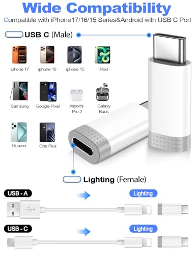 xiwxi 𝟒𝐏𝐚𝐜𝐤 𝐔𝐩𝐠𝐫𝐚𝐝𝐞𝐝 Lightning to USB C Adapter for iPhone15/16/17 Pro/17 Pro Max,Fast Charging&Data Transfer,Type C Charger Connector Cable for 17/16,Serial Adapter-Not for Headphone/OTG - Image 2