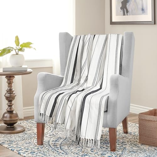 Furnofy 100% Cotton Sofa Throw | Handmade Throw - 50x60 Inches (Pack of 1) (White Striped) - Image 1