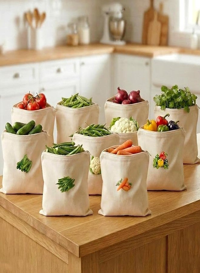 VishBin Reusable Cotton Vegetable Bags with Zipper – Washable Canvas Vegetable Storage Bags with Printed Icons, Reusable Fridge Organizer Bags for Fruits, Veggies, Kitchen Storage (Pack of 10)