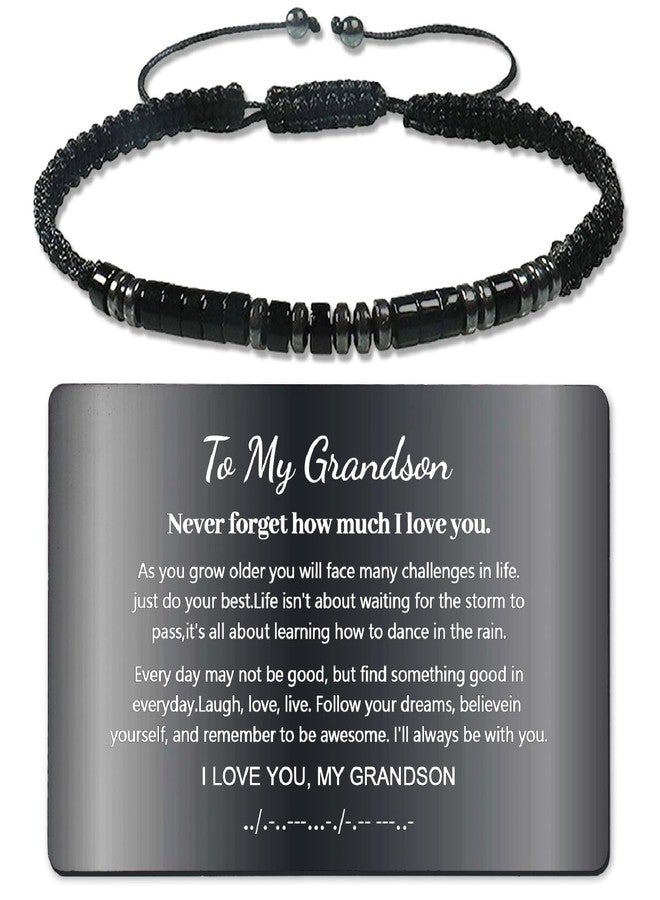 VDKIDKT I Love You Morse Code Bracelet with Engraved Wallet Card Gifts for Son/Grandson, Handmade Beaded Obsidian Bracelet Gifts (Black, To My Grandson) - Image 1