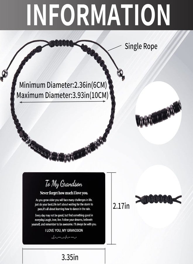 VDKIDKT I Love You Morse Code Bracelet with Engraved Wallet Card Gifts for Son/Grandson, Handmade Beaded Obsidian Bracelet Gifts (Black, To My Grandson) - Image 2