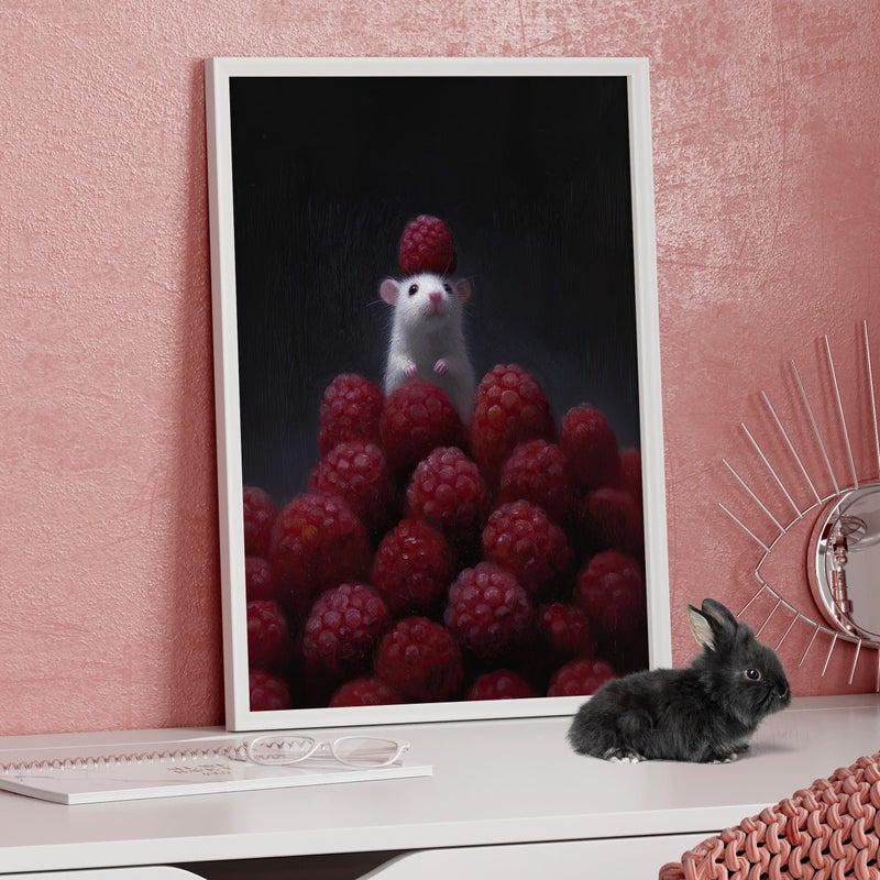 TNESSENTIAL Cute White Mouse with Red Berries Artwork Poster or Canvas Print, Whimsical Tiny Animal Painting, Fantasy Wall Art, Cottagecore Decor - Image 1