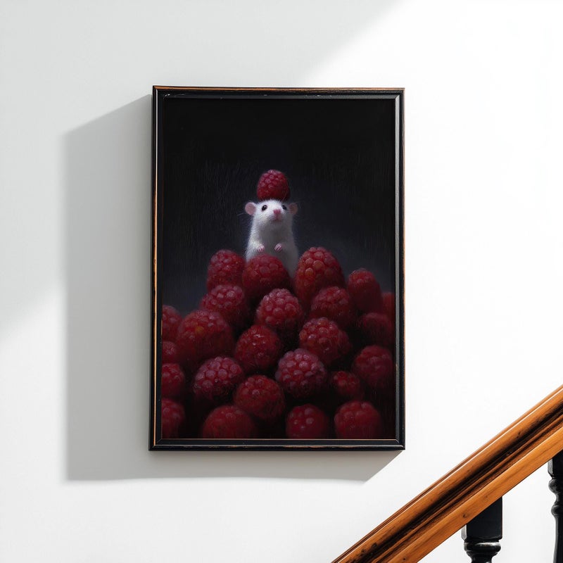 TNESSENTIAL Cute White Mouse with Red Berries Artwork Poster or Canvas Print, Whimsical Tiny Animal Painting, Fantasy Wall Art, Cottagecore Decor - Image 3