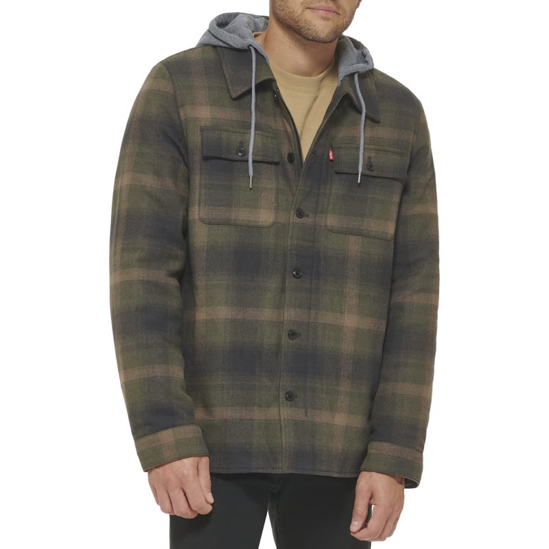 Levi's Men's Plaid Sherpa Lined Hooded Shirt Jacket (Regular & Big & Tall Sizes), Green Ombre Plaid, Small - Image 1