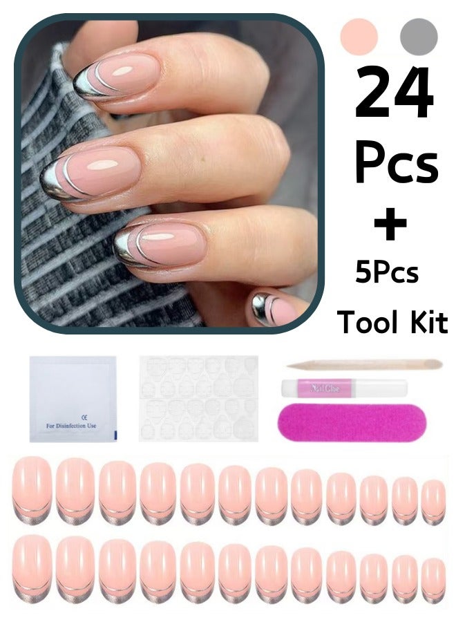 HANYII 24Pcs False Nails+5 Pcs Tool Kit Impress Press-On False Nails Silver