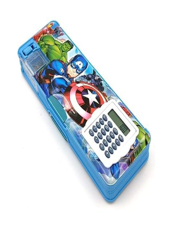 Neel Multipurpose Magnetic Pencil Box with Calculator & Dual Sharpener for Girls & Boys for School | Big Size Cartoon Printed Pencil Case for Kids (Avngers Blue) Plastic, Pack of 1 Set - Image 1