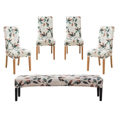 NILUOH Dining Room Chair Covers Set of 4 with 1 PC Bench Cover, Stretch Removable Washable Parsons Chair Slipcover Protector Living Room Decoration (Patterned 01) - Image 1