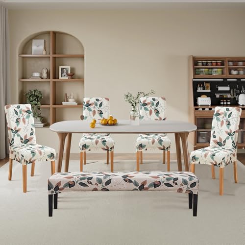 NILUOH Dining Room Chair Covers Set of 4 with 1 PC Bench Cover, Stretch Removable Washable Parsons Chair Slipcover Protector Living Room Decoration (Patterned 01) - Image 2