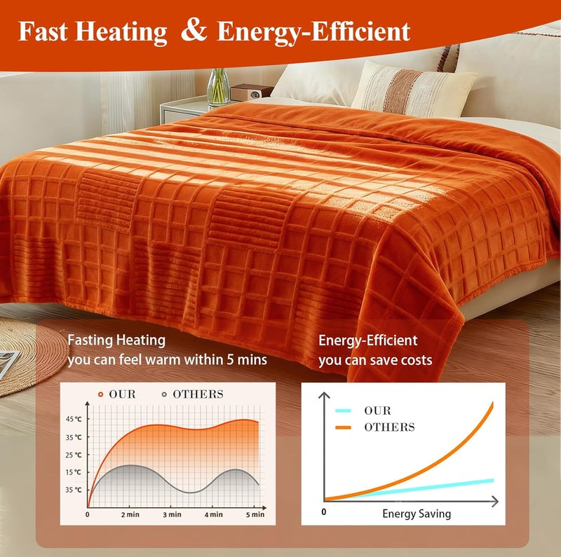 Eastsora Heated Blanket King, Electric Heating Blanket Waffle with 12 Heat Levels, Fast Heating Blanket with 1-12 Timer, Overheat Protection with ETL & FCC for Bed Home Office Sofa -Orange -90"x100" - Image 2