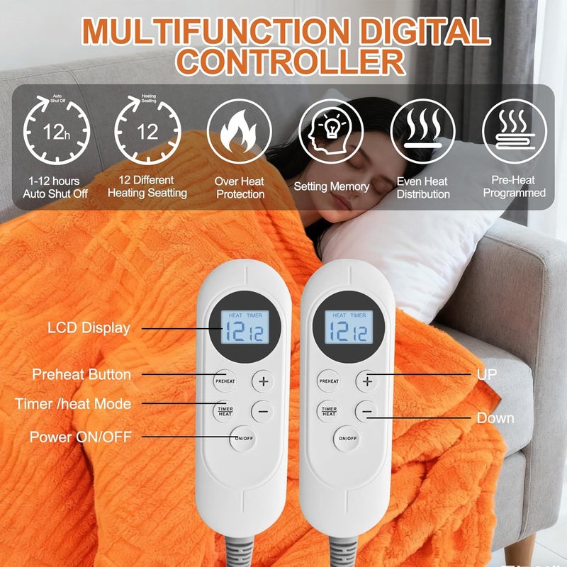 Eastsora Heated Blanket King, Electric Heating Blanket Waffle with 12 Heat Levels, Fast Heating Blanket with 1-12 Timer, Overheat Protection with ETL & FCC for Bed Home Office Sofa -Orange -90"x100" - Image 3