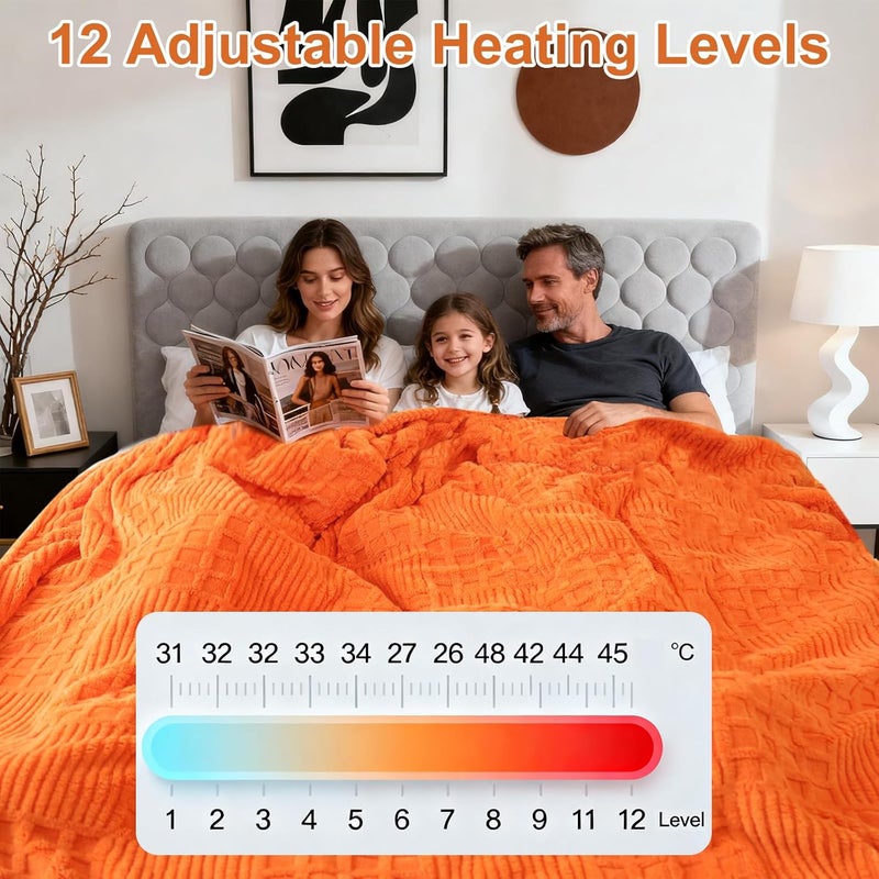 Eastsora Heated Blanket King, Electric Heating Blanket Waffle with 12 Heat Levels, Fast Heating Blanket with 1-12 Timer, Overheat Protection with ETL & FCC for Bed Home Office Sofa -Orange -90"x100" - Image 4